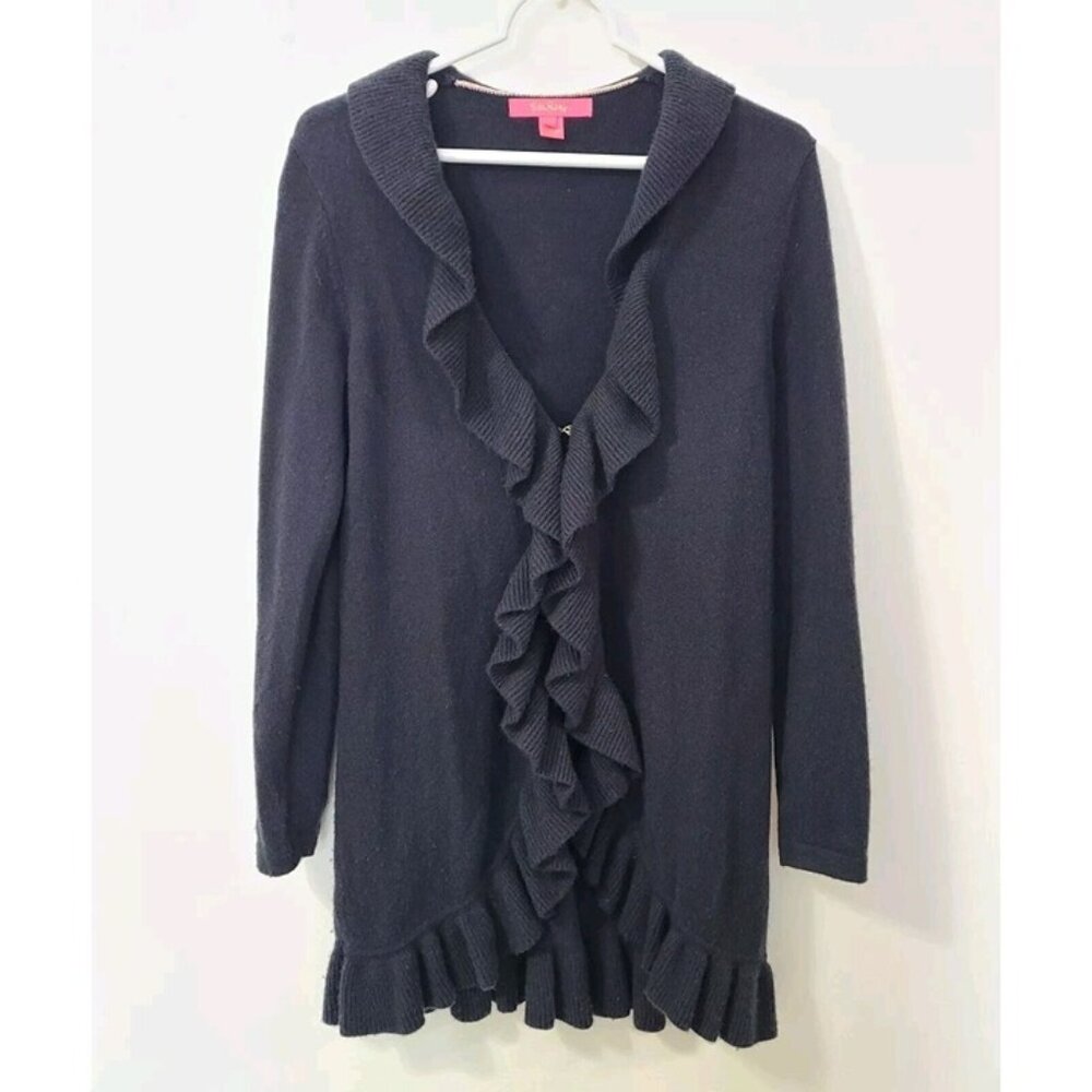 Lilly Pulitzer 100% Cashmere Dark Blue Ruffled Cardigan Sweater Size S